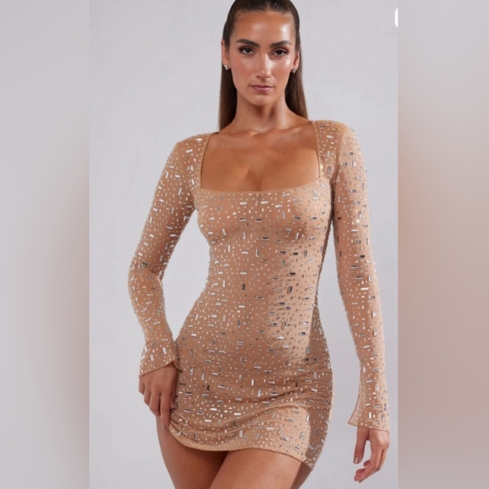 Oh Polly Sheer Embellished Long Sleeve A-Line Dress